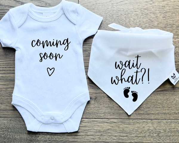 Matching Baby Onesie and Dog Bandana Pregnancy Announcement - Coming Soon - White