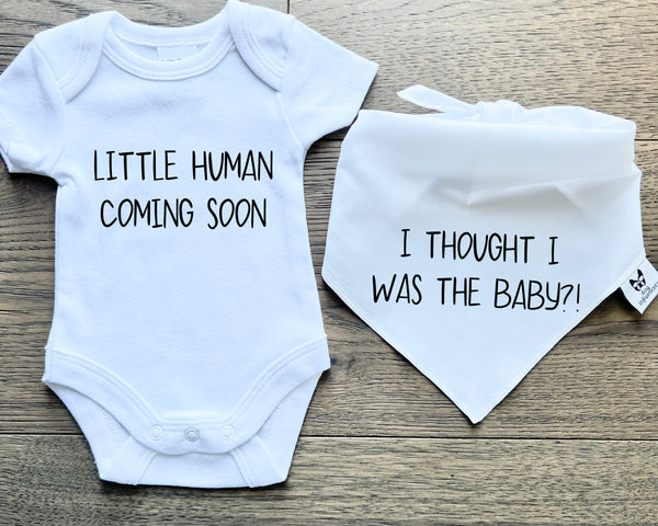 Matching Baby Onesie and Dog Bandana Pregnancy Announcement - Coming Soon - White