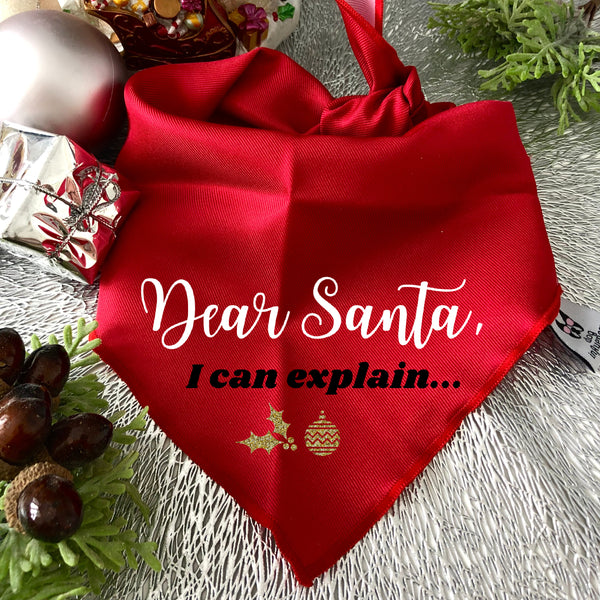 Christmas Dog Bandana - Dear Santa I can Explain - Red & White Bandana - All Sizes
