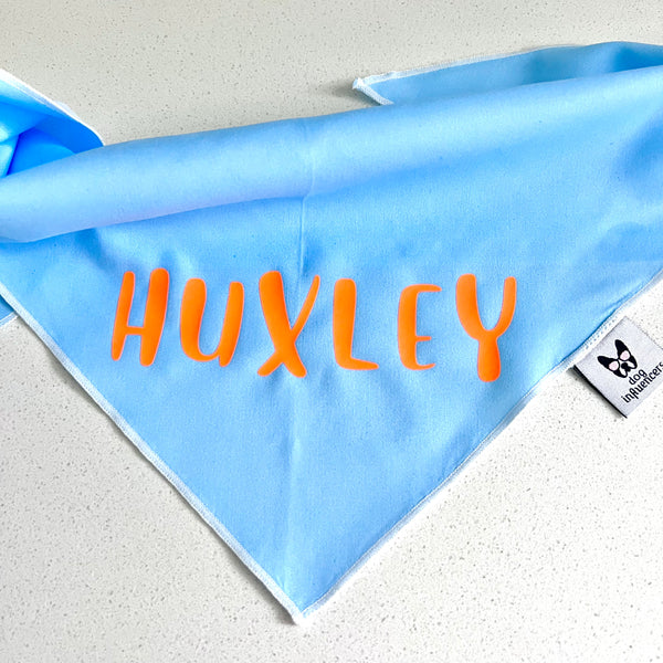 Personalised Dog Bandana with Dog Name - Blue bandana, Fluo Orange print