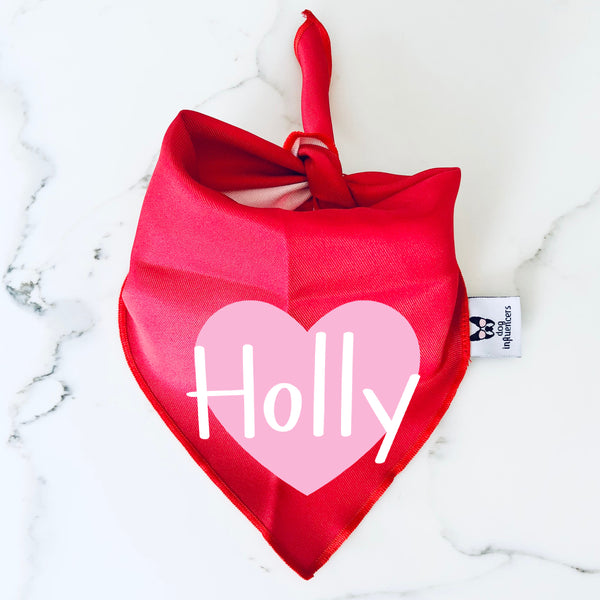 Personalised Dog Bandana with Dog Name - Custom Red & Pink Dog Heart Scarf
