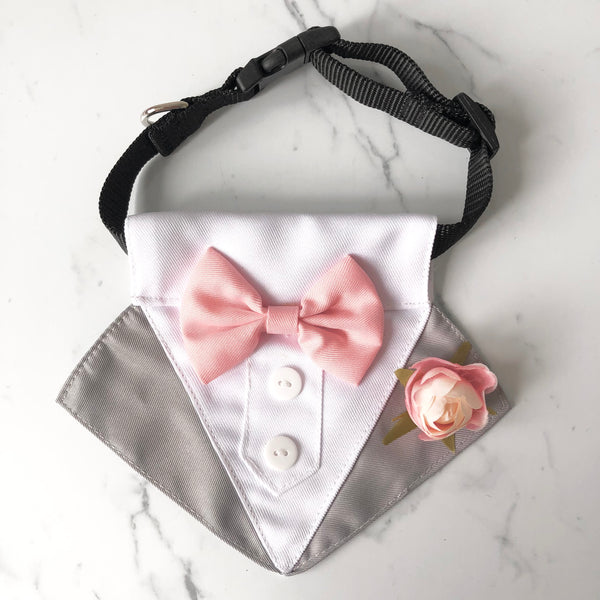 Dog Tuxedo Bandana with Flower Boutonniere and Bow Tie - Grey