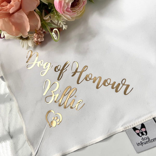 Personalised Wedding Dog Bandana - Dog of Honour - Customisable Name - White and Gold