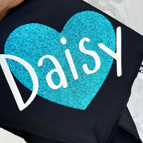 Personalised Dog Bandana with Dog Name - Custom Black & Glitter Blue Dog Heart Scarf
