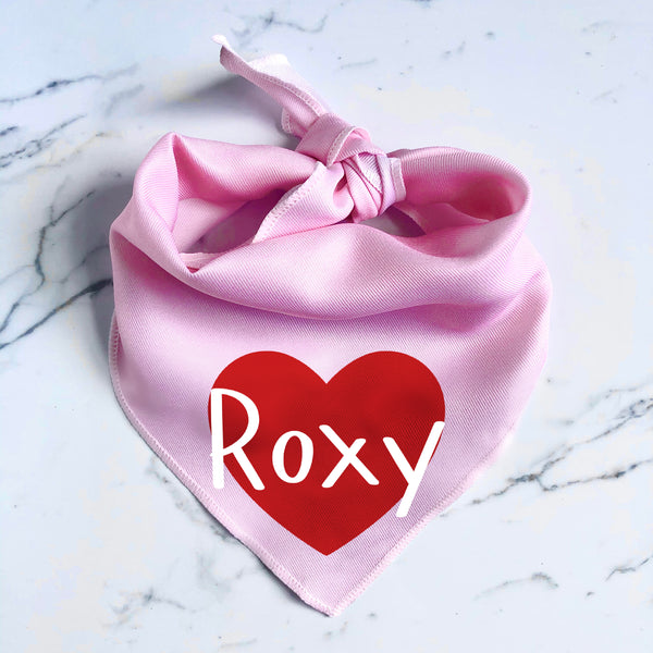 Personalised Dog Bandana with Dog Name - Custom Pink & Red Dog Heart Scarf