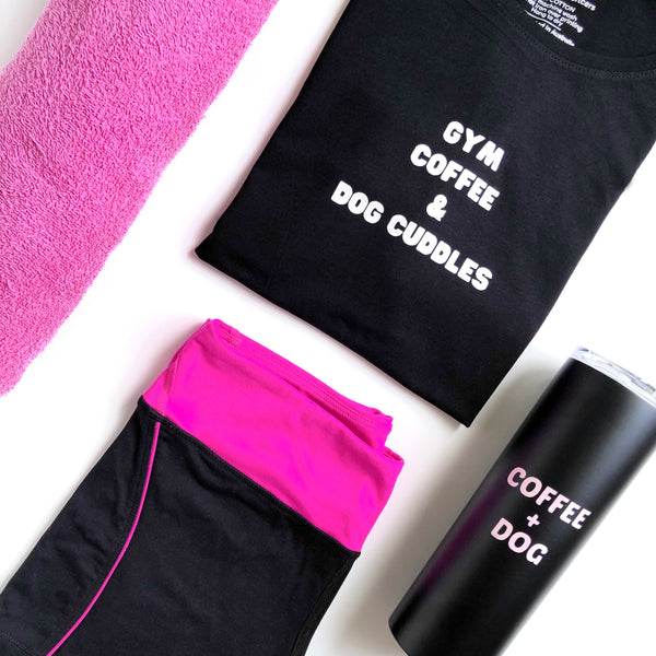 "Gym, Coffee & Dog Cuddles" Black T-Shirt - Dog Influencers