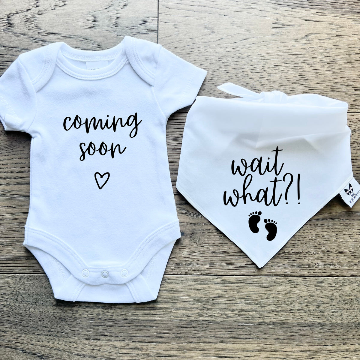 Matching Baby Onesie and Dog Bandana Pregnancy Announcement - Coming Soon - White