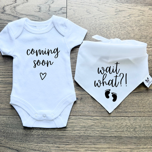 Matching Baby Onesie and Dog Bandana Pregnancy Announcement - Coming Soon - White