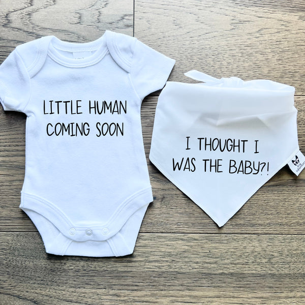 Matching Baby Onesie and Dog Bandana Pregnancy Announcement - Coming Soon - White