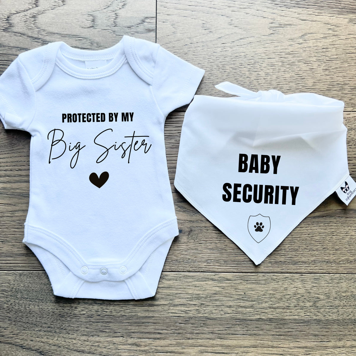 Matching Baby Onesie and Dog Bandana Pregnancy Announcement - Baby Security Big Sister