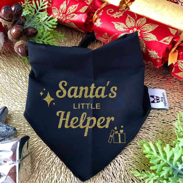 Christmas Dog Bandana - Santa's Little Helper - Gold Glitter on Black Bandana - All Sizes