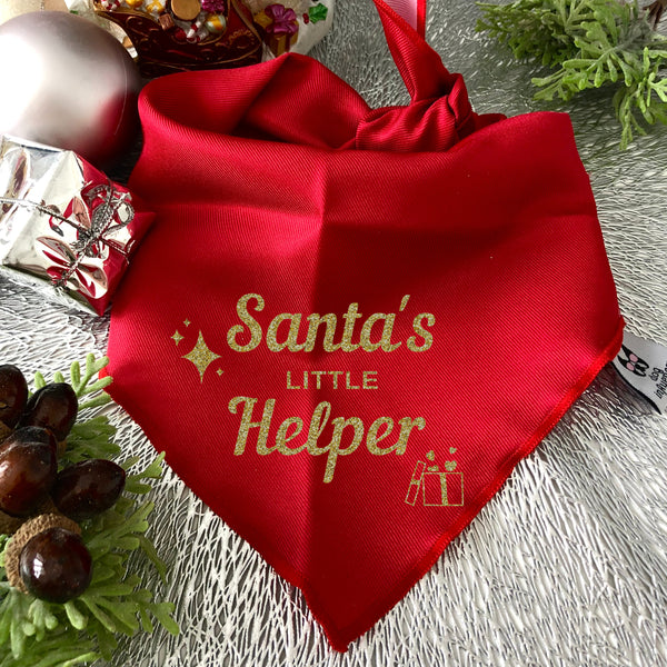 Christmas Dog Bandana - Santa's Little Helper - Gold Glitter on Red Bandana - All Sizes