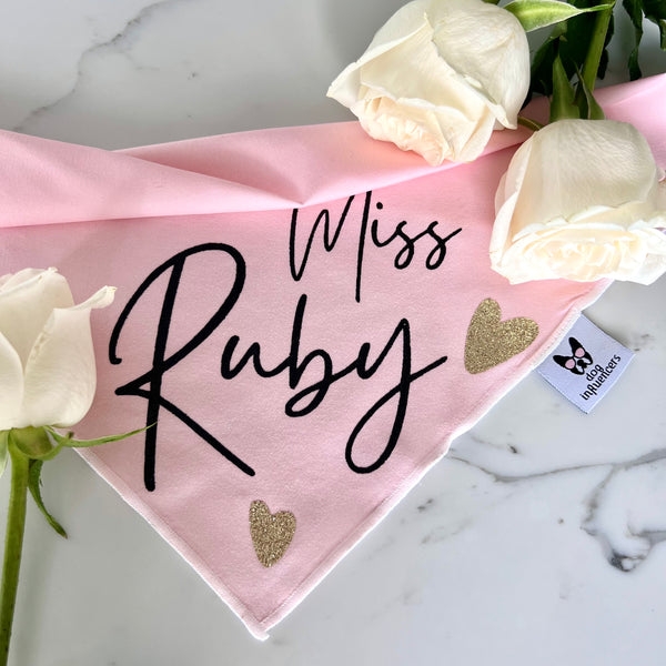 Personalised Dog Bandana with Dog Name - Pink bandana, Name in black, Golden glitters hearts