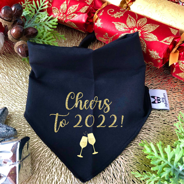 New Year Dog Bandana - Cheers to 2022 - Black & Gold Glitter Bandana - All Sizes