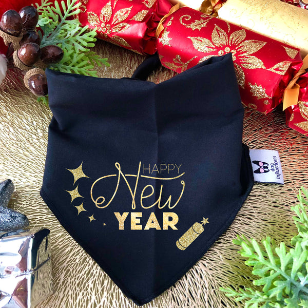 New Year Dog Bandana - Happy New Year - Black & Gold Glitter Bandana - All Sizes