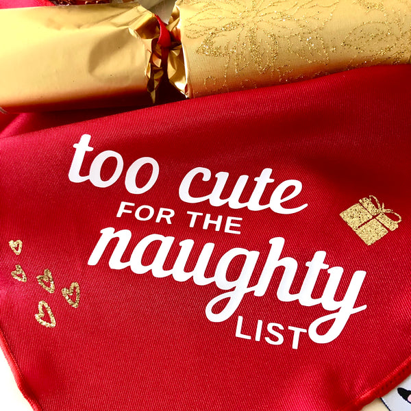 Christmas Dog Bandana - Too Cute for the Naughty List - Red & White Bandana - All Sizes