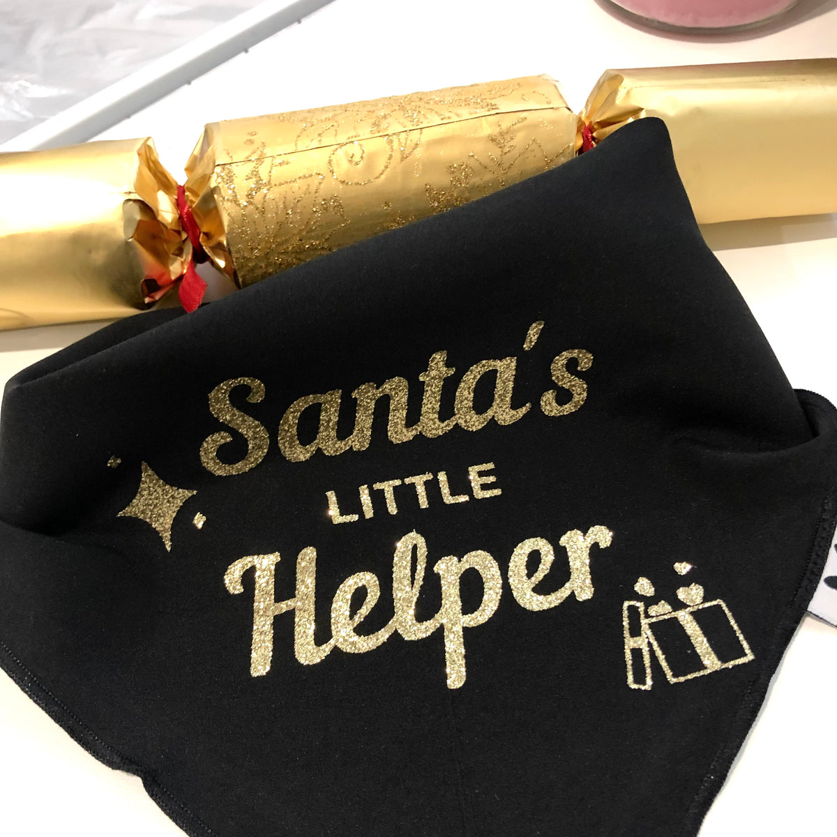 Christmas Dog Bandana - Santa's Little Helper - Gold Glitter on Black Bandana - All Sizes