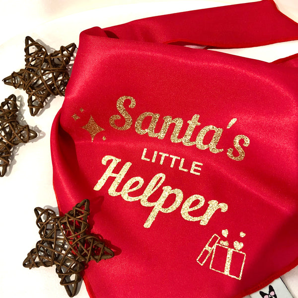 Christmas Dog Bandana - Santa's Little Helper - Gold Glitter on Red Bandana - All Sizes
