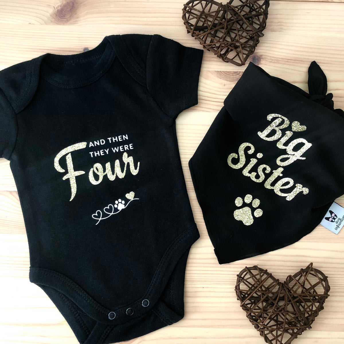 Matching Baby Onesie and Dog Bandana Pregnancy Announcement -  And then they were 4 - Big Sister