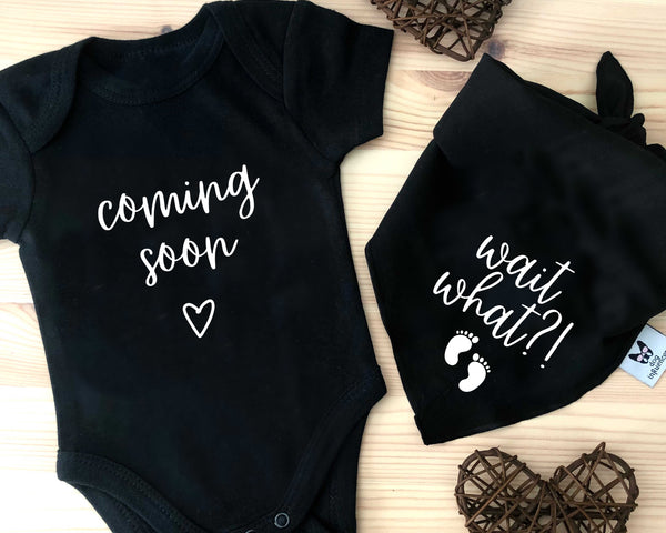 Matching Baby Onesie and Dog Bandana Pregnancy Announcement - Coming Soon
