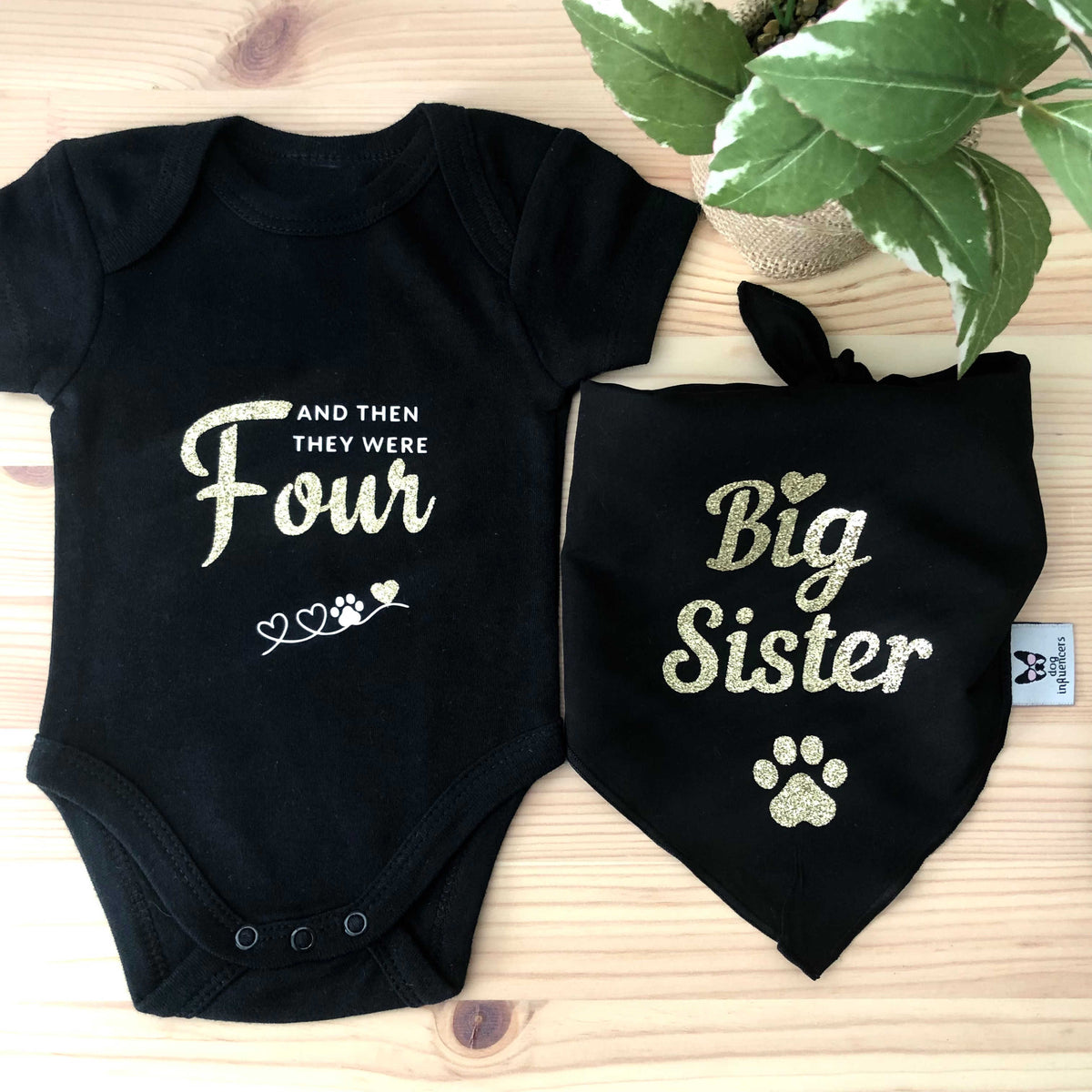 Matching Baby Onesie and Dog Bandana Pregnancy Announcement -  And then they were 4 - Big Sister