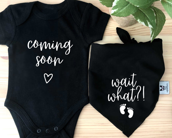Matching Baby Onesie and Dog Bandana Pregnancy Announcement - Coming Soon