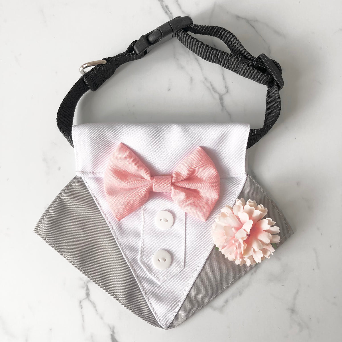 Dog Tuxedo Bandana with Flower Boutonniere and Bow Tie - Grey