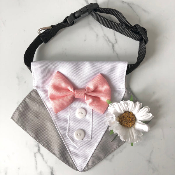 Dog Tuxedo Bandana with Flower Boutonniere and Bow Tie - Grey