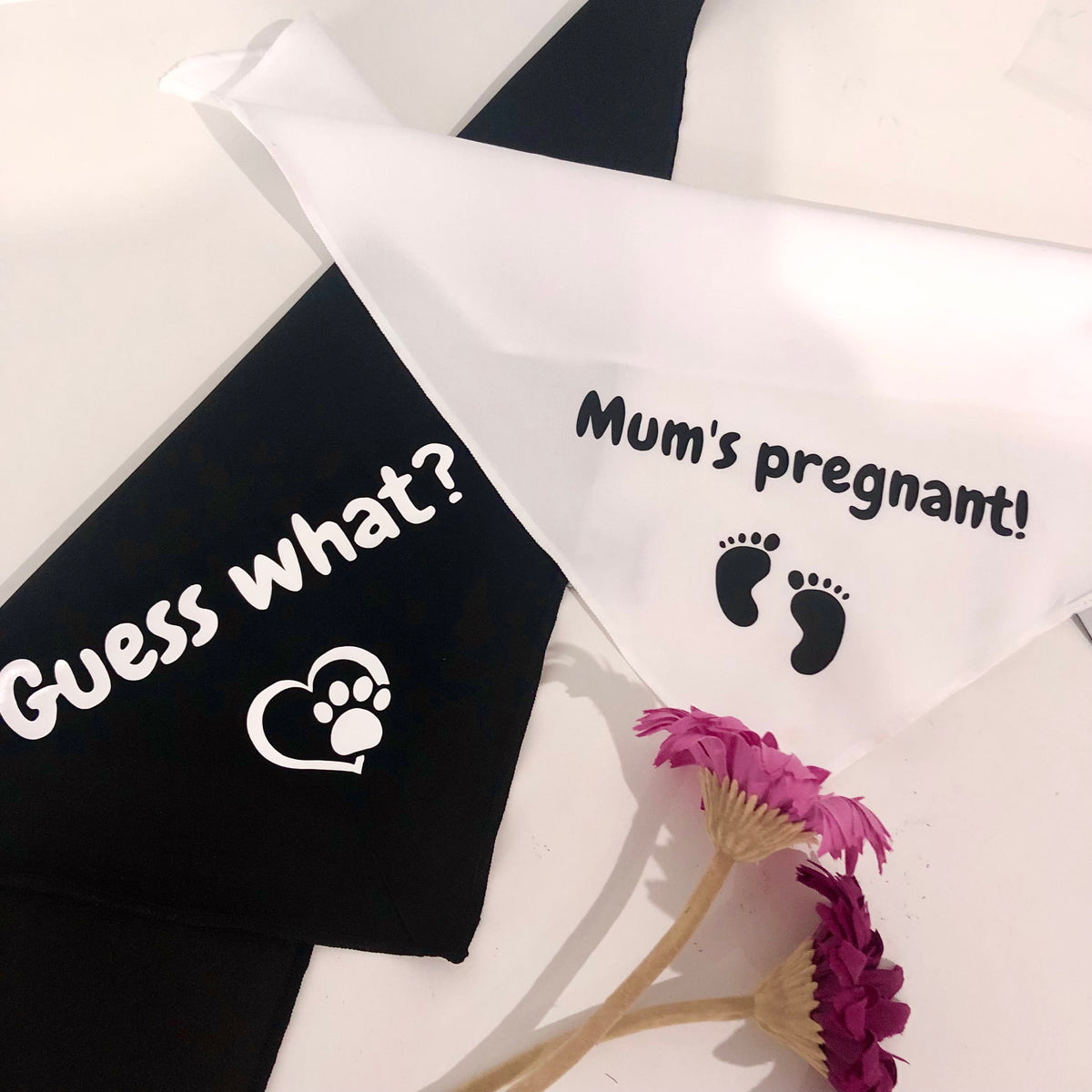 Pregnancy Announcement Dog Bandanas Duo - Guess What? Mum's Pregnant - Baby Reveal  2 Dogs - Two Bandanas: 1 White + 1 Black