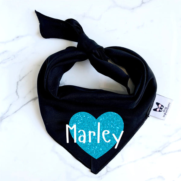 Personalised  Dog Bandana with Dog Name - Custom Black & Glitter Blue Dog Heart Scarf