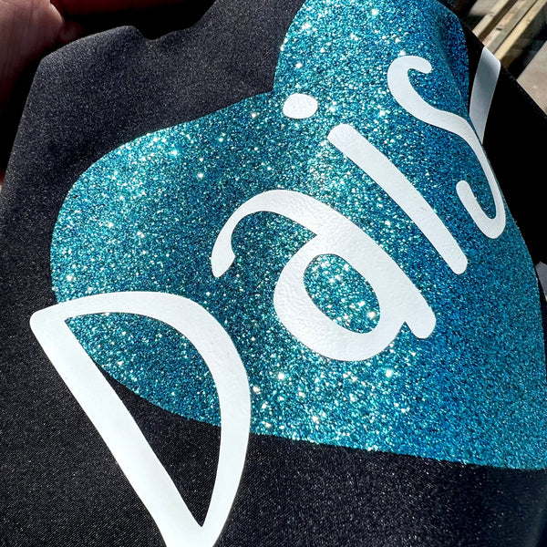 Personalised  Dog Bandana with Dog Name - Custom Black & Glitter Blue Dog Heart Scarf