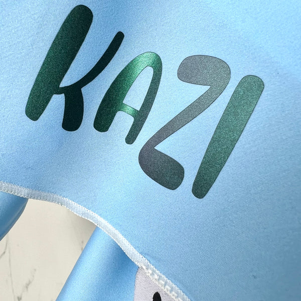 Copy of Personalised Dog Bandana with Dog Name - Blue bandana, green metal print