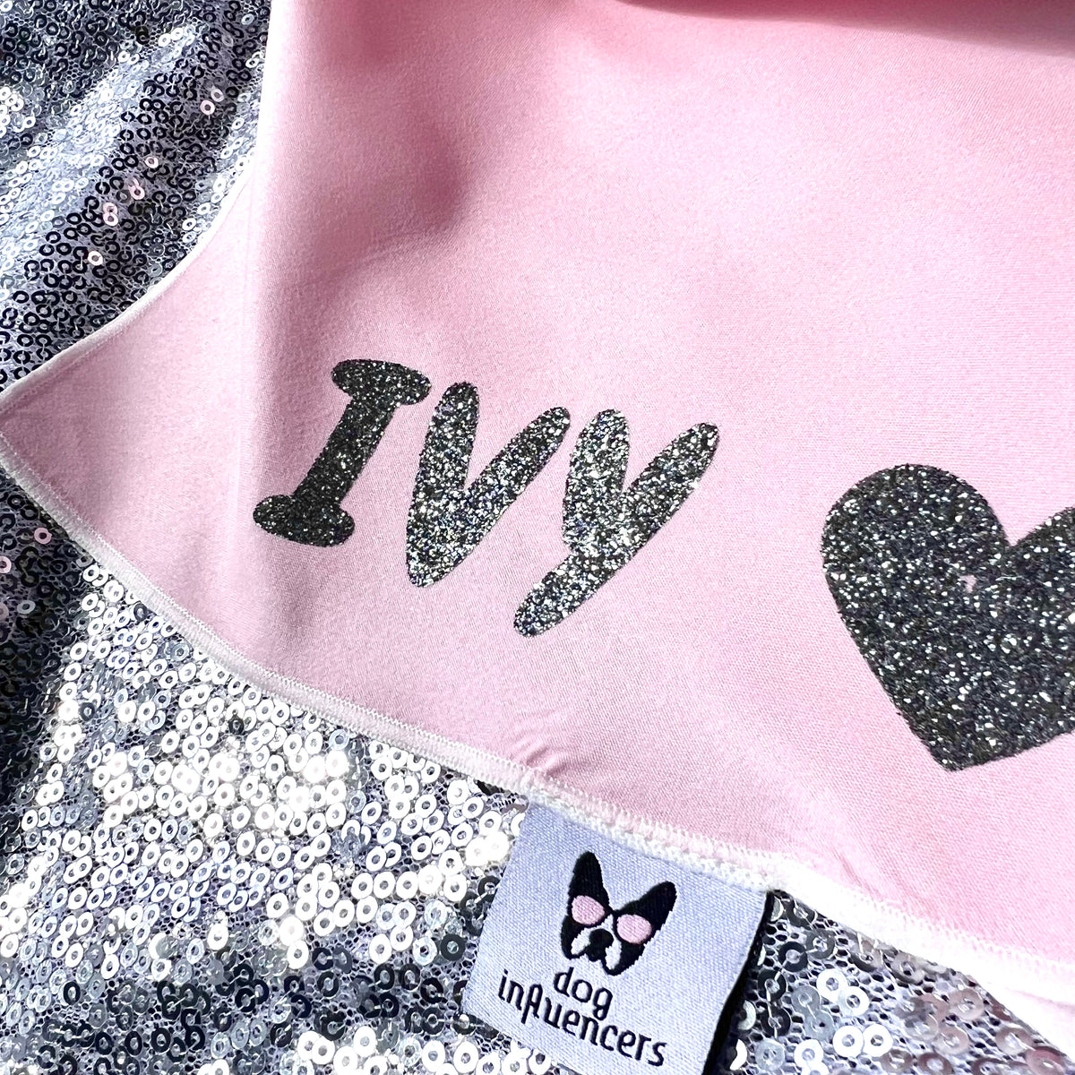 Personalised Dog Bandana with Dog Name - Pink bandana, silver glitters print